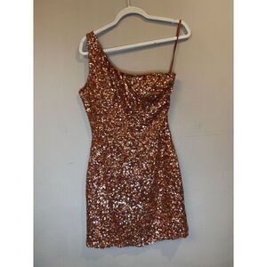 Vintage Scala Orange Sequin‎ Mini Dress One Shoulder Size 6 100% Silk